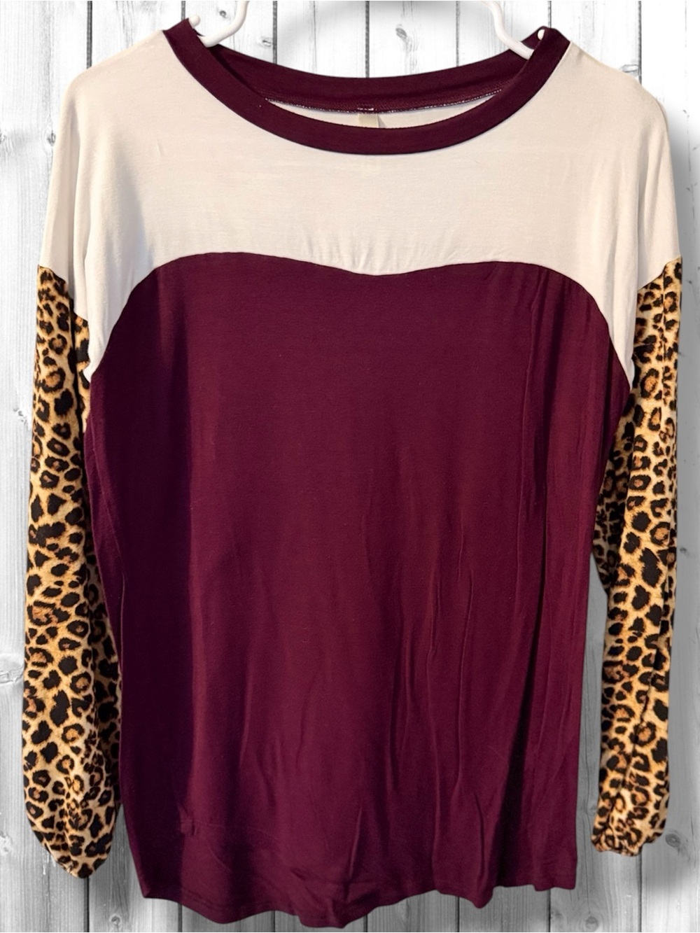 🌼Magic Fit Burgundy & Cream Colorblock Top with Leopard Print Sleeves